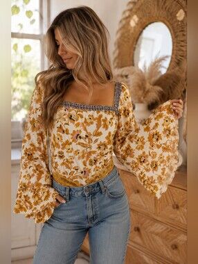 Free People Blooming Boders Floral Square-Neck Bell Sleeve Boho Bodysuit/Onesie